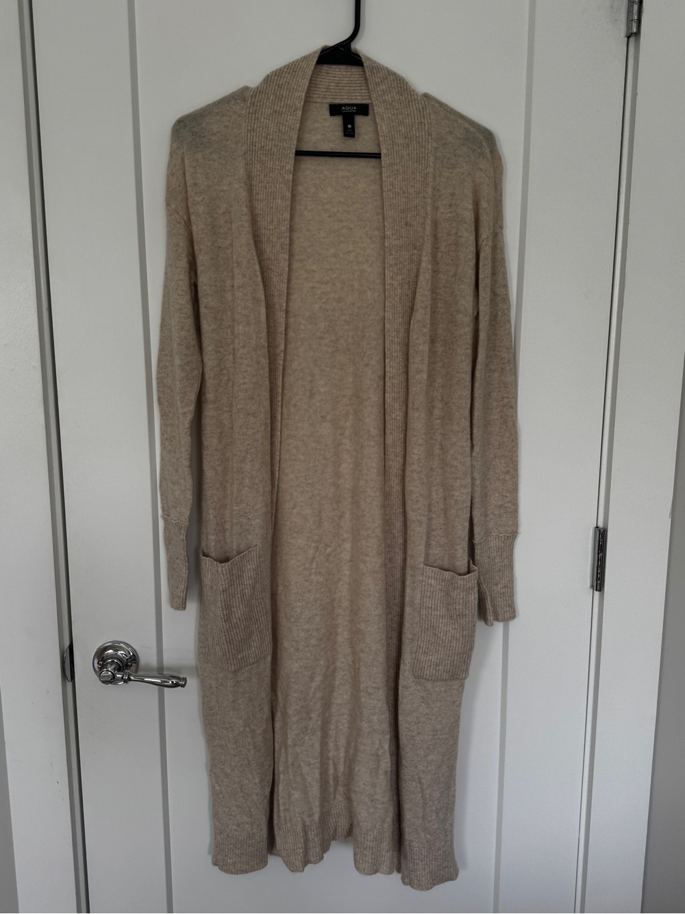 Aqua Long Open-Front Tan Cardigan